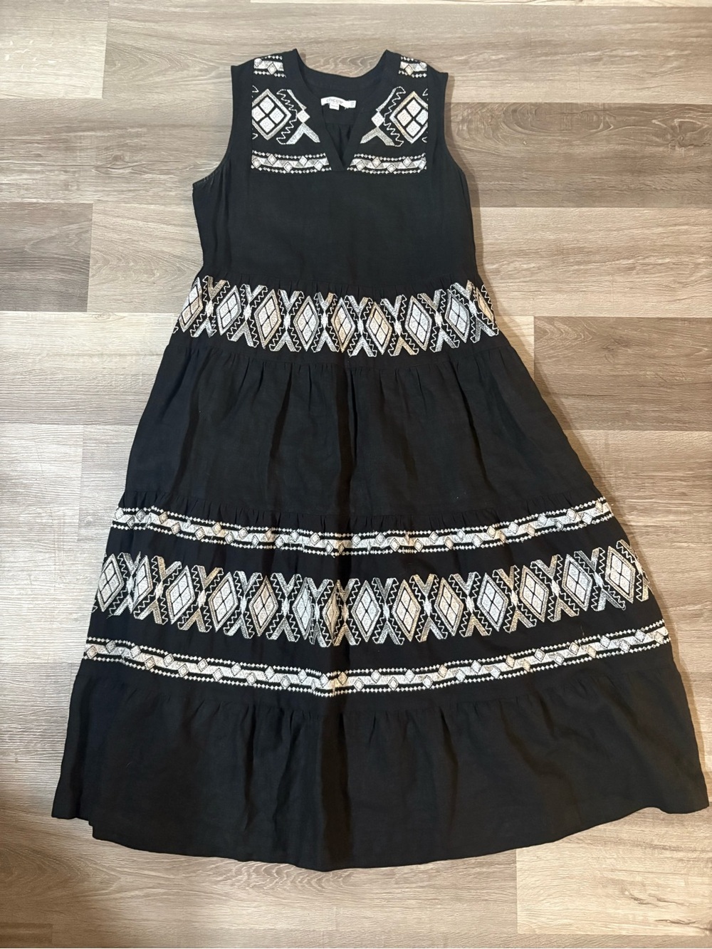Chico's Black Maxi Dress with White Embroidered Geometric Bands